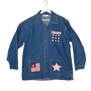 Michelle Louise Womens XL Denim Shirt Patriotic Americana Stars Stripes Blue‎